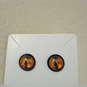 ❄️ SALE! Black Cat Button Stud Earrings Black Metal & Glass